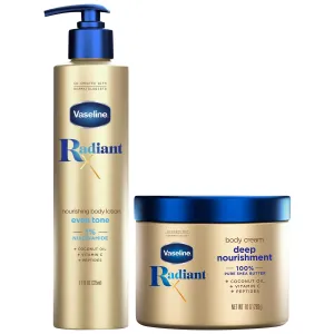 Vaseline Radiant X Skin Care Set – Even Tone Nourishing Body Lotion with 1% Niacinamide   Deep Nourishment Body Cream with Shea Butter & Vitamin C (2 Piece Set)