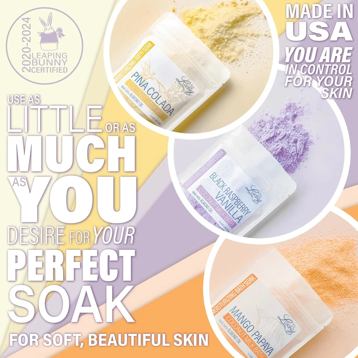 Vegan Coconut Milk Bath Additive Soak with Sweet Almond Oil Soothing Fizz & Bath Bomb Dust, 8oz (Pina Colada, Mango Papaya, Black Raspberry Vanilla)