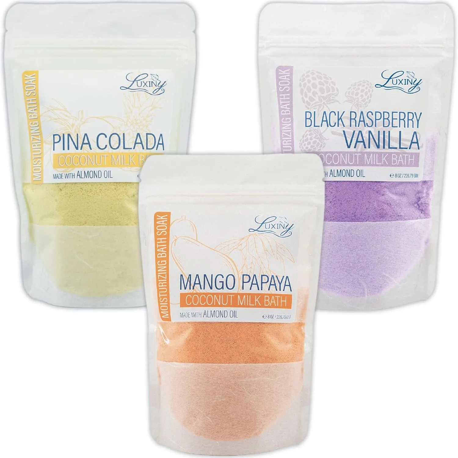 Vegan Coconut Milk Bath Additive Soak with Sweet Almond Oil Soothing Fizz & Bath Bomb Dust, 8oz (Pina Colada, Mango Papaya, Black Raspberry Vanilla)