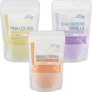 Vegan Coconut Milk Bath Additive Soak with Sweet Almond Oil Soothing Fizz & Bath Bomb Dust, 8oz (Pina Colada, Mango Papaya, Black Raspberry Vanilla)