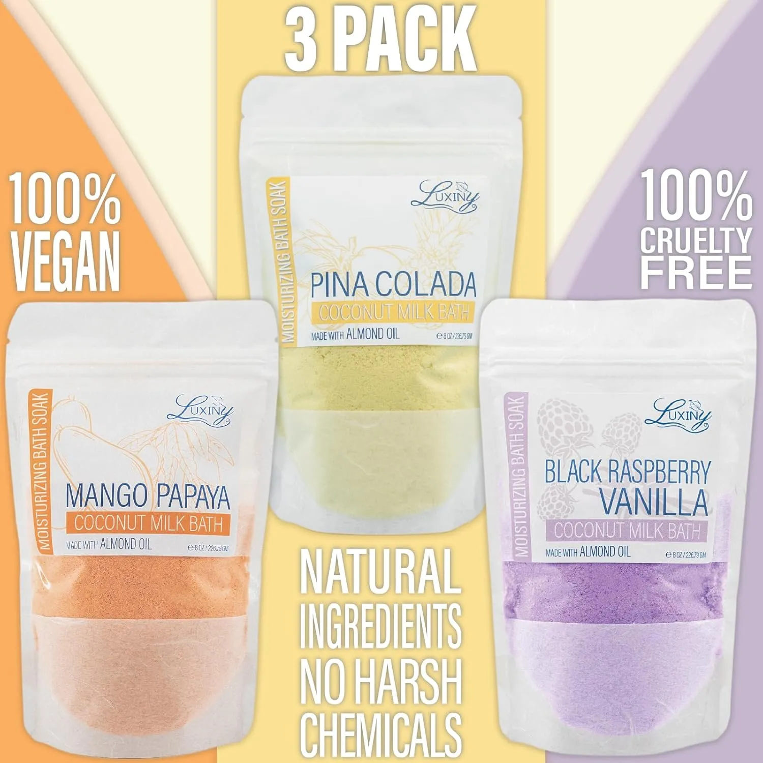 Vegan Coconut Milk Bath Additive Soak with Sweet Almond Oil Soothing Fizz & Bath Bomb Dust, 8oz (Pina Colada, Mango Papaya, Black Raspberry Vanilla)