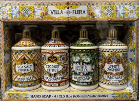 Villa Flora Hand Soap Collection, 4 Bottles of 21.5 fl.oz, Sea Salt Verbena, Coconut Citrus, Orchid Vanilla, White Jasmine Scents