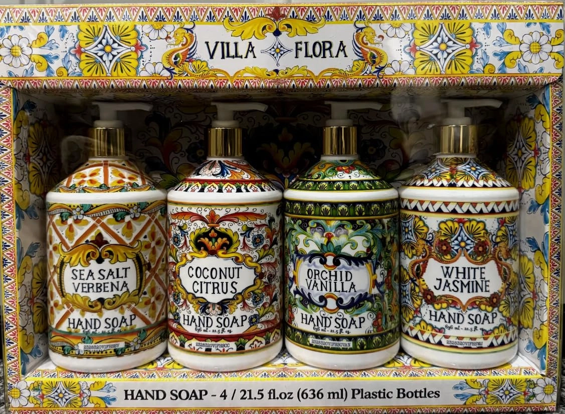 Villa Flora Hand Soap Collection, 4 Bottles of 21.5 fl.oz, Sea Salt Verbena, Coconut Citrus, Orchid Vanilla, White Jasmine Scents