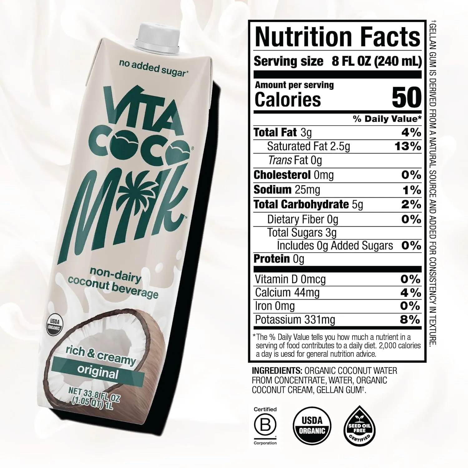 Vita Coco Original Organic Coconut Milk, Plant Based, Dairy Free Milk Alternative - Gluten Free, Soy Free, and Unsweetened, No Added Sugar - Perfect Add to Cereal, Smoothies, Desserts - 33.8 Ounce (Pack of 6)