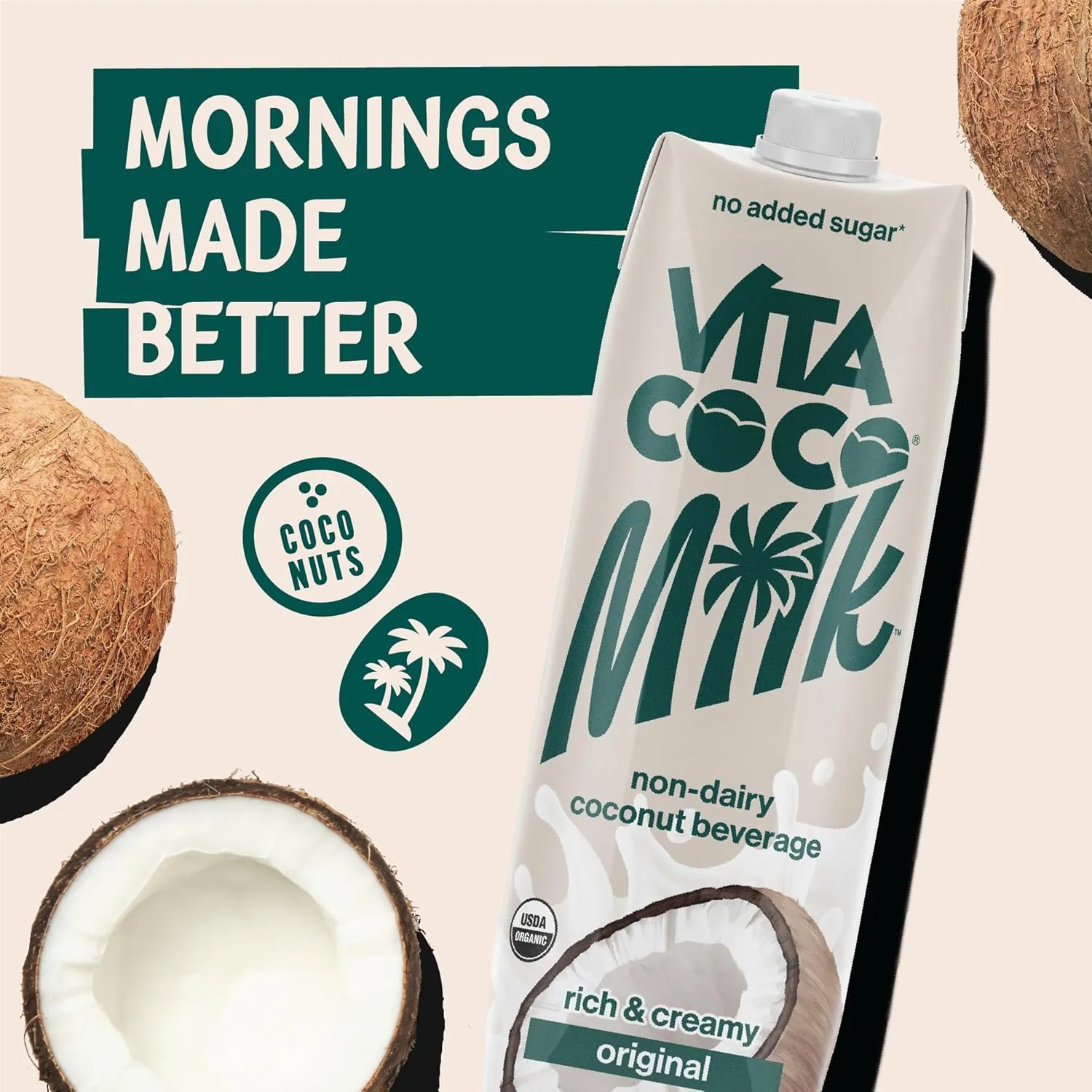 Vita Coco Original Organic Coconut Milk, Plant Based, Dairy Free Milk Alternative - Gluten Free, Soy Free, and Unsweetened, No Added Sugar - Perfect Add to Cereal, Smoothies, Desserts - 33.8 Ounce (Pack of 6)