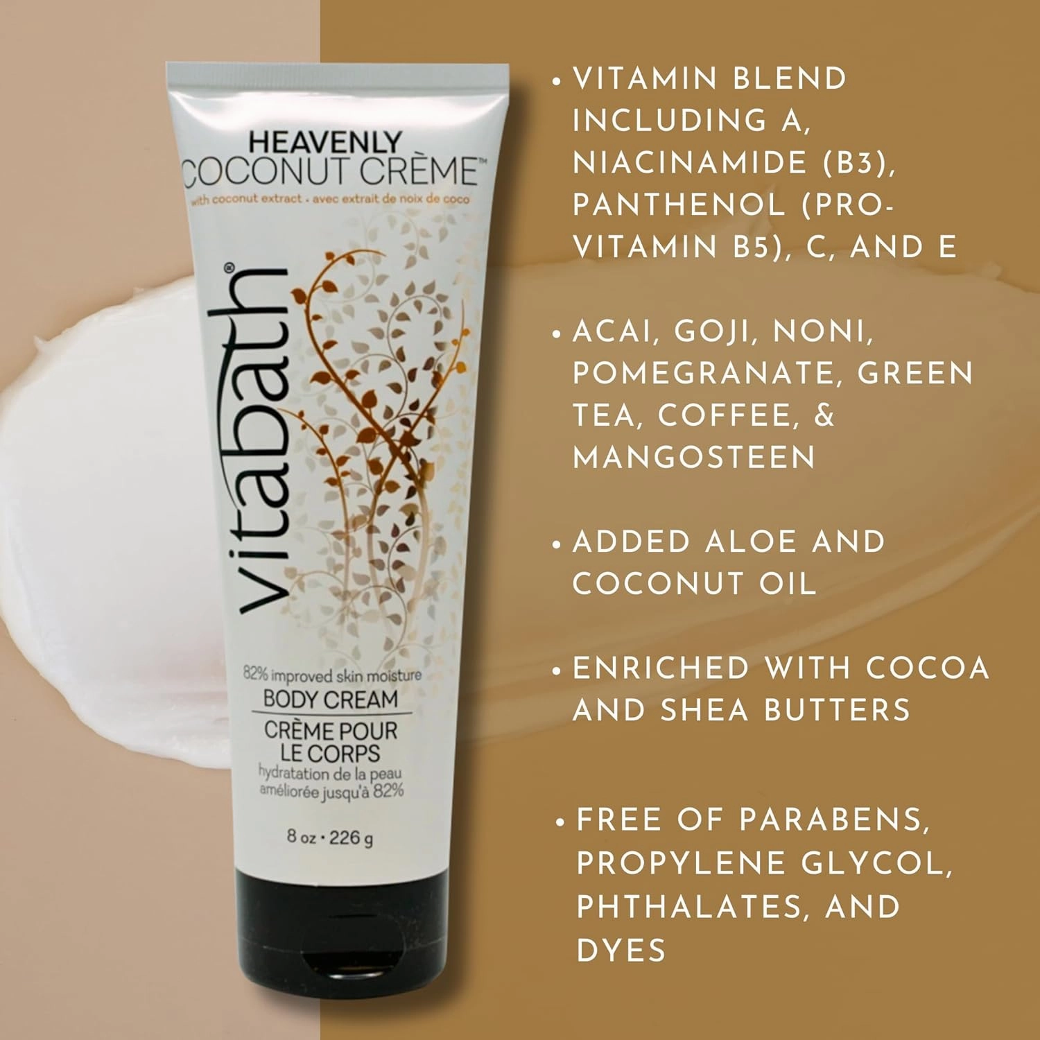 Vitabath Heavenly Coconut Creme Moisturizing Body Cream - Soothing Hydration Vitamin & Nutrient Skin Care - Replenishing All Over Dry Skin Lotion Moisturizer for Women & Men - 8 Ounce