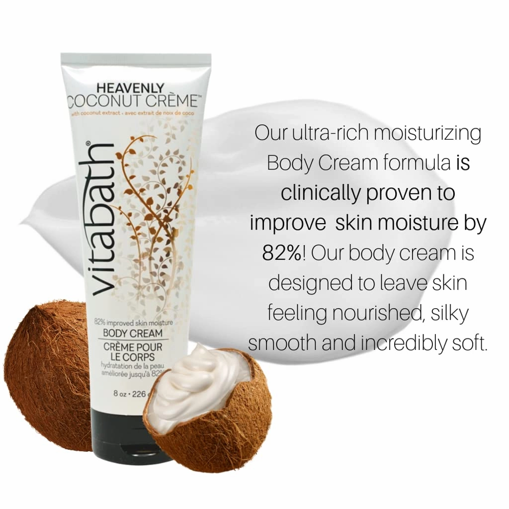 Vitabath Heavenly Coconut Creme Moisturizing Body Cream - Soothing Hydration Vitamin & Nutrient Skin Care - Replenishing All Over Dry Skin Lotion Moisturizer for Women & Men - 8 Ounce