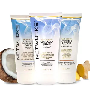 Vitamin C Lotion   Retinol Night Cream   Collagen Body Cream Bundle, Face & Body Moisturizers to Hydrate, Brighten & Restore Skin, 6 Fl Oz Each