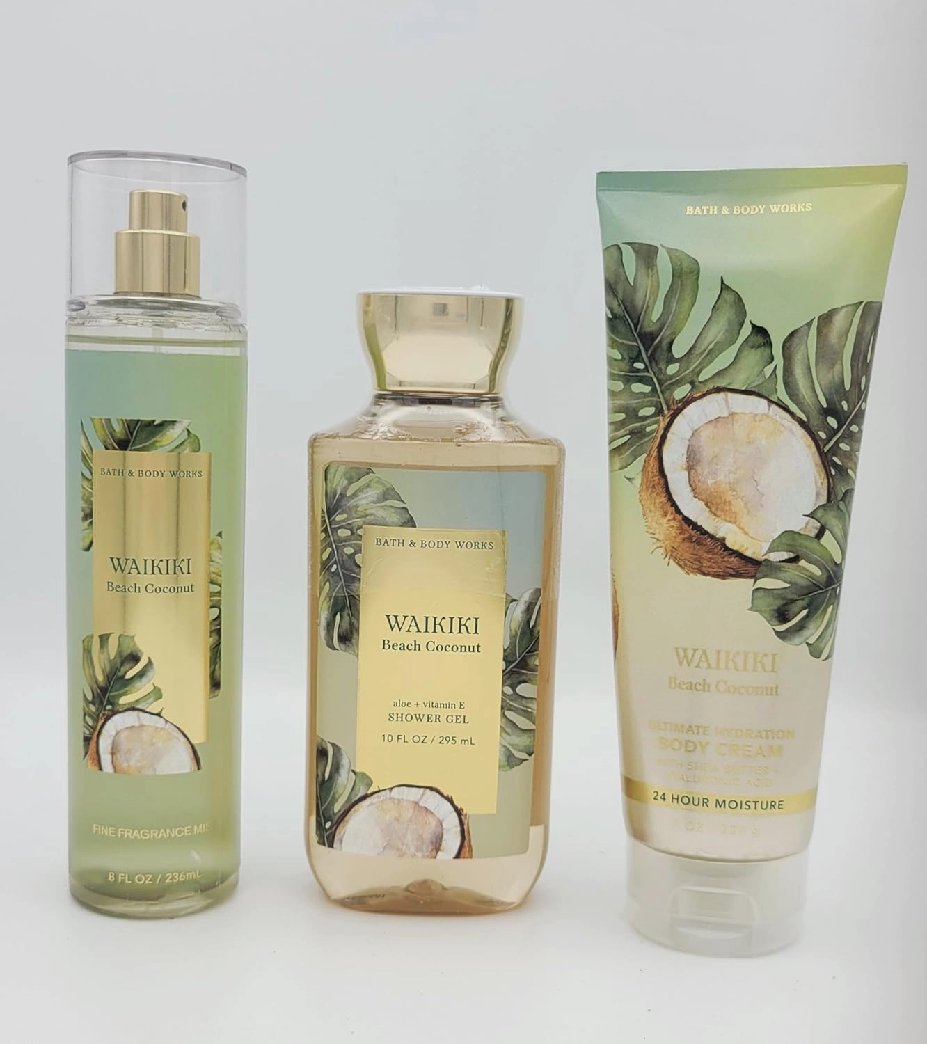Waikiki Beach Coconut Bath and Body 3 pc- Bundle Fragrance Mist 8 fl oz, Shower Gel 10 fl oz, Body Cream 8 oz