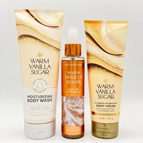 Warm Vanilla Sugar Bath & Body Work 3-Piece Bundle | Moisturizing Body Wash, Diamond Shimmer Mist and Ultimate Hydration Body Cream