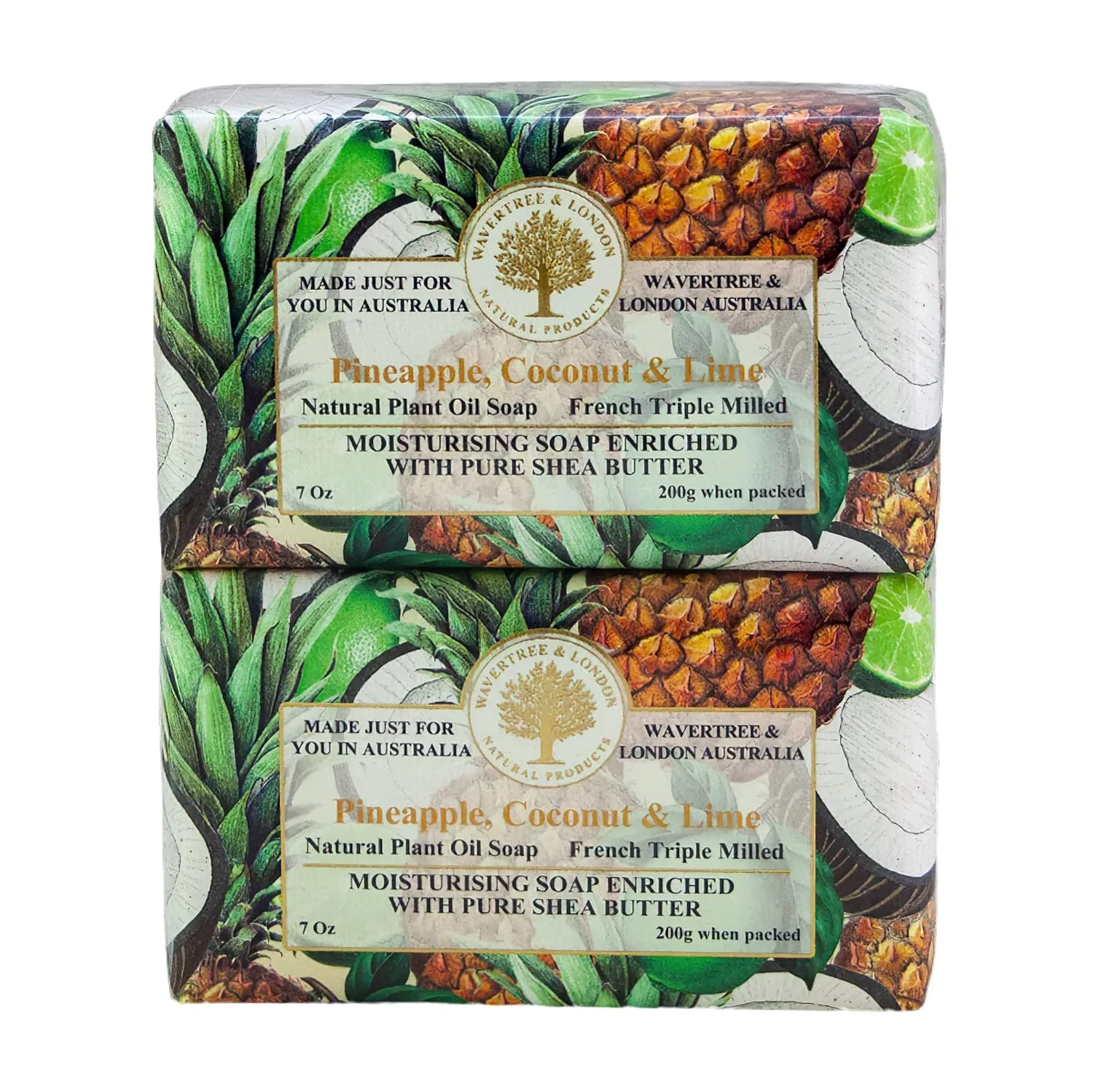 Wavertree & London Pineapple, Coconut & Lime Scented Natural Soap (2 Bars), 7oz Moisturizing French Triple Milled Soap Bars enriched with shea butter - Pure Plant Oil Bath & Body Soap Bars