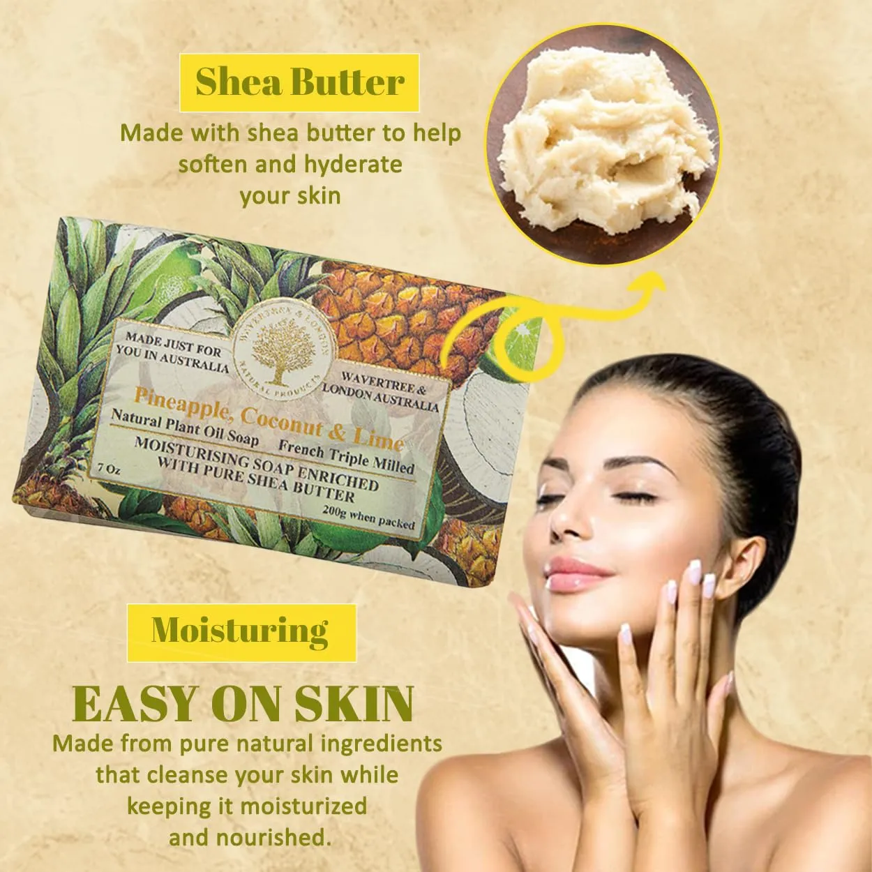 Wavertree & London Pineapple, Coconut & Lime Scented Natural Soap (8 Bars), 7oz Moisturizing French Triple Milled Soap Bars enriched with shea butter - Plant Oil Bath & Body Soap for All Skin Types