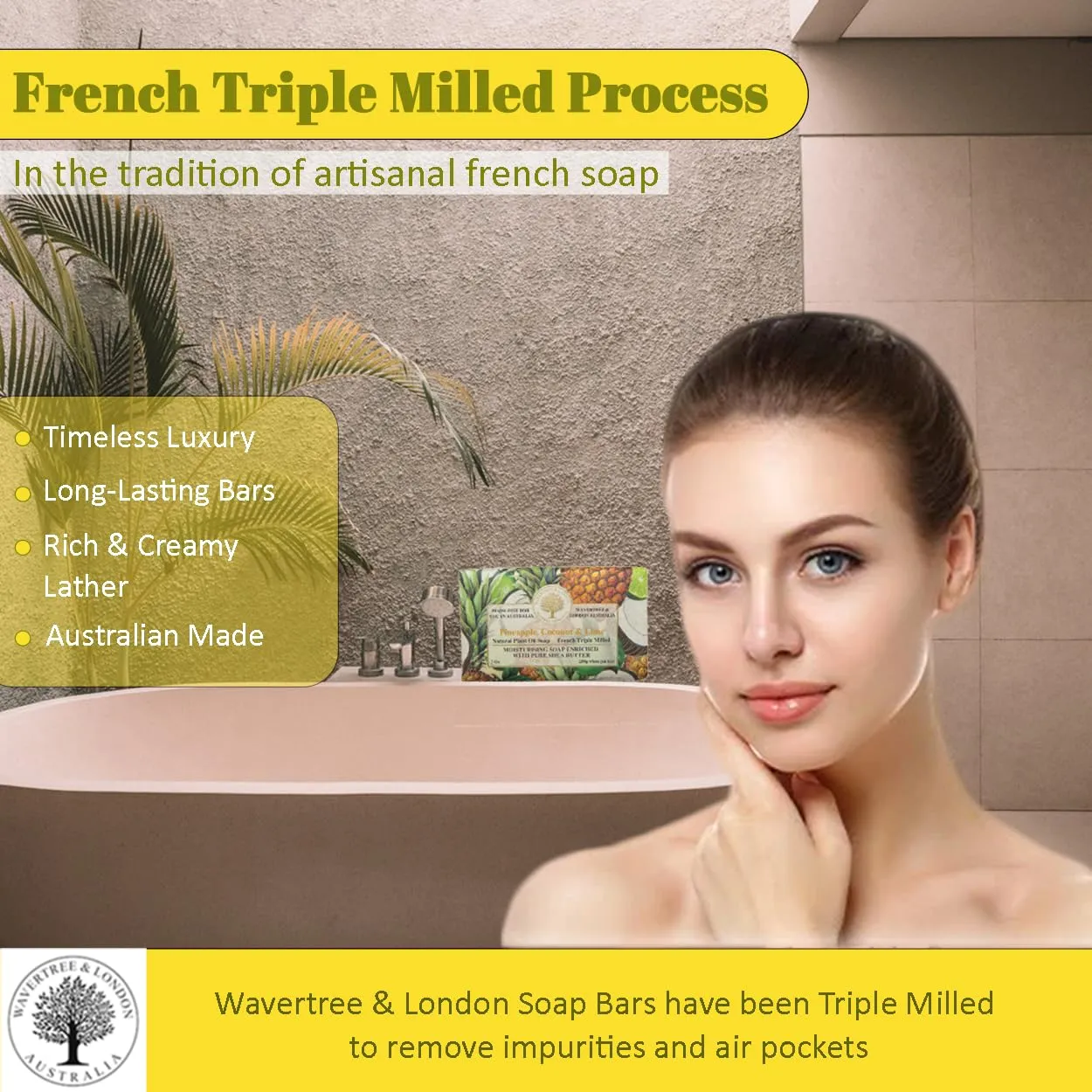 Wavertree & London Pineapple, Coconut & Lime Scented Natural Soap (8 Bars), 7oz Moisturizing French Triple Milled Soap Bars enriched with shea butter - Plant Oil Bath & Body Soap for All Skin Types
