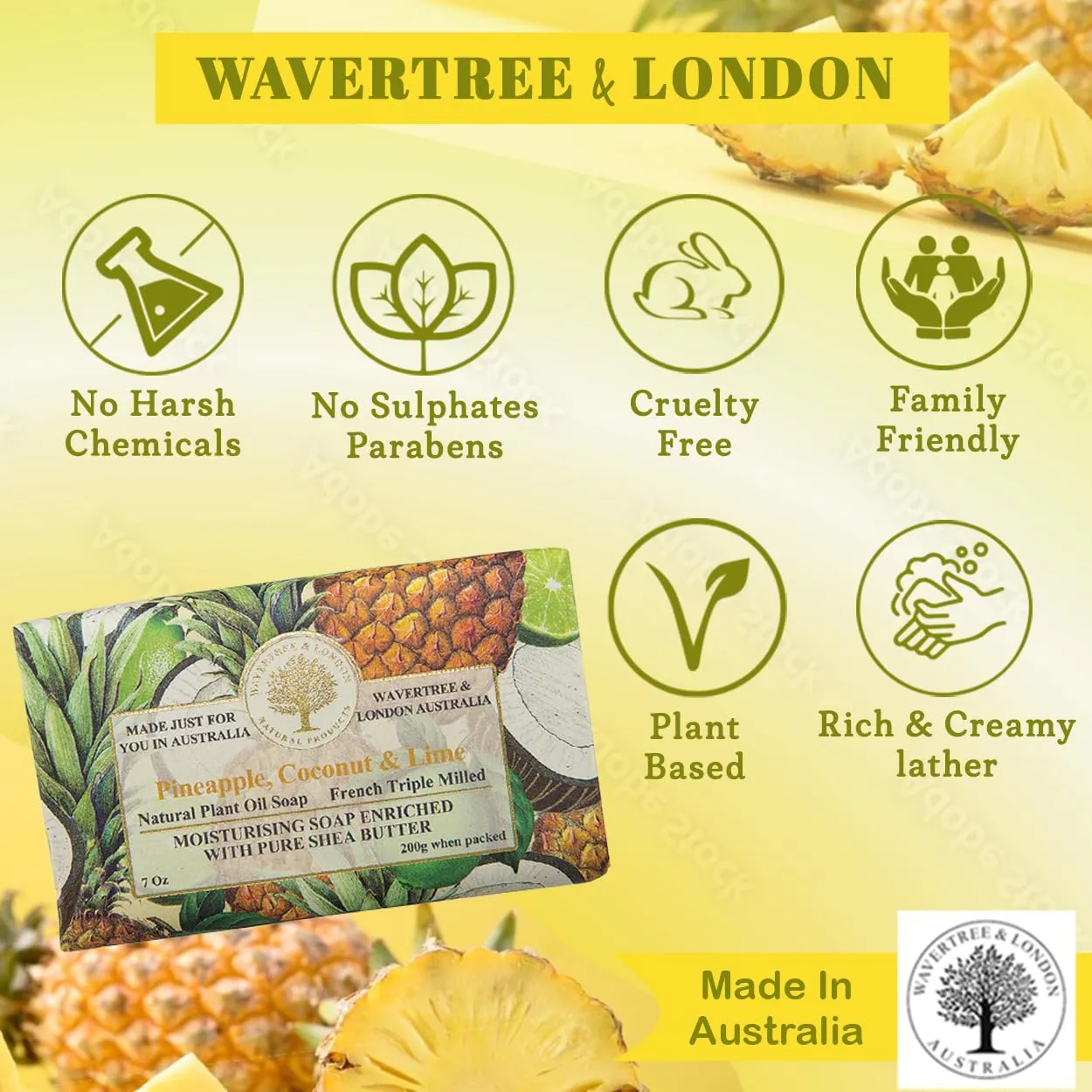 Wavertree & London Pineapple, Coconut & Lime Scented Natural Soap (8 Bars), 7oz Moisturizing French Triple Milled Soap Bars enriched with shea butter - Plant Oil Bath & Body Soap for All Skin Types