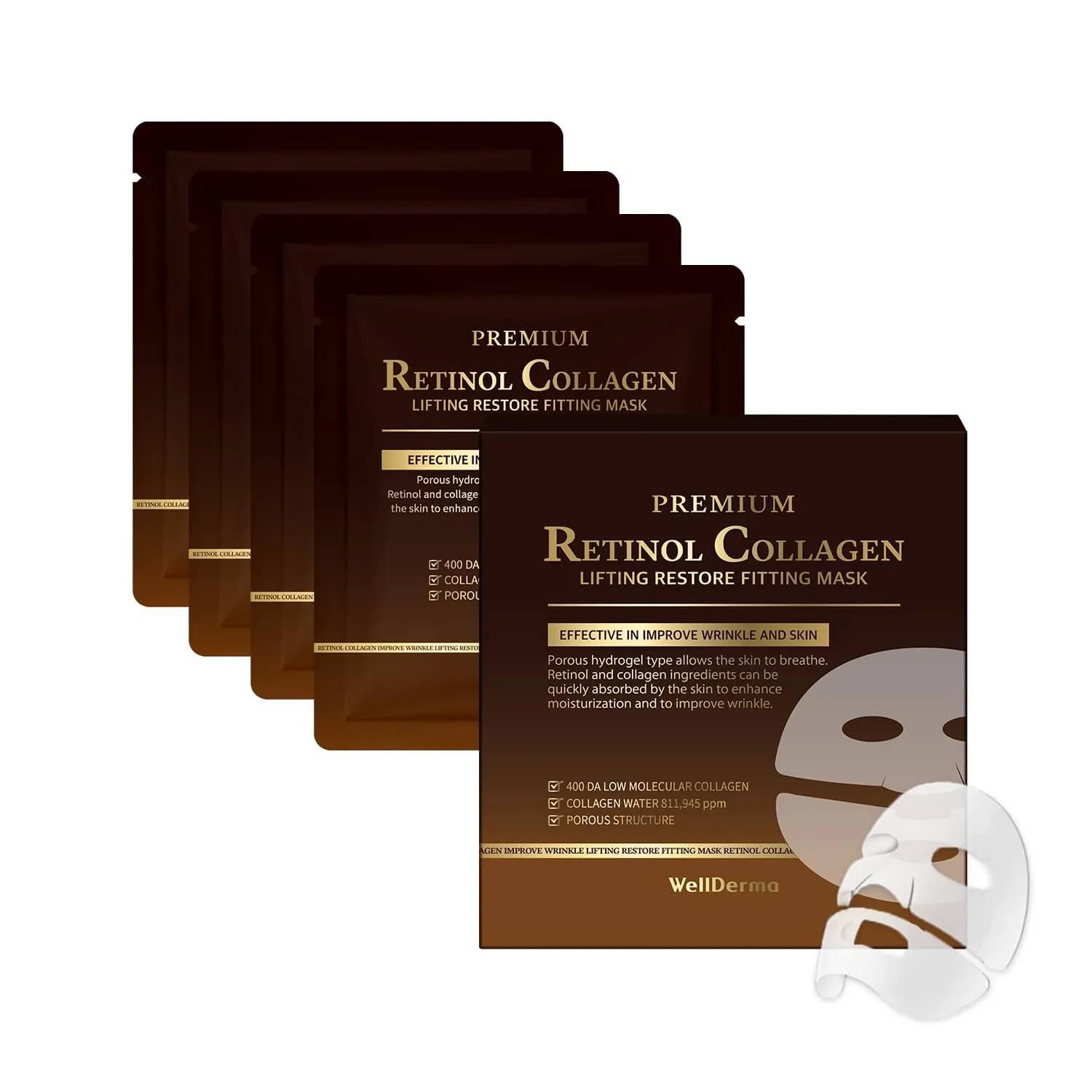 Wellderma Premium Retinol Collagen Lifting Restore Fitting Mask, Revitalizing Hydrogel Face Mask with Peptides and Niacinamide, 4 Sheets