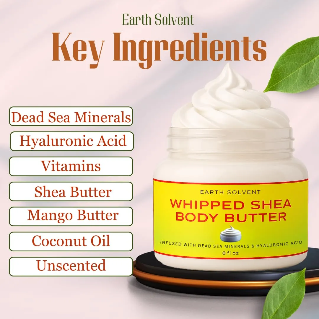 Whipped Shea Body Butter Infused with Dead Sea Minerals & Hyaluronic Acid | Whipped Shea Butter   Mango Butter Super Hydrating Repairing & Moisturizing (11 FL Oz, Unscented Skincare)