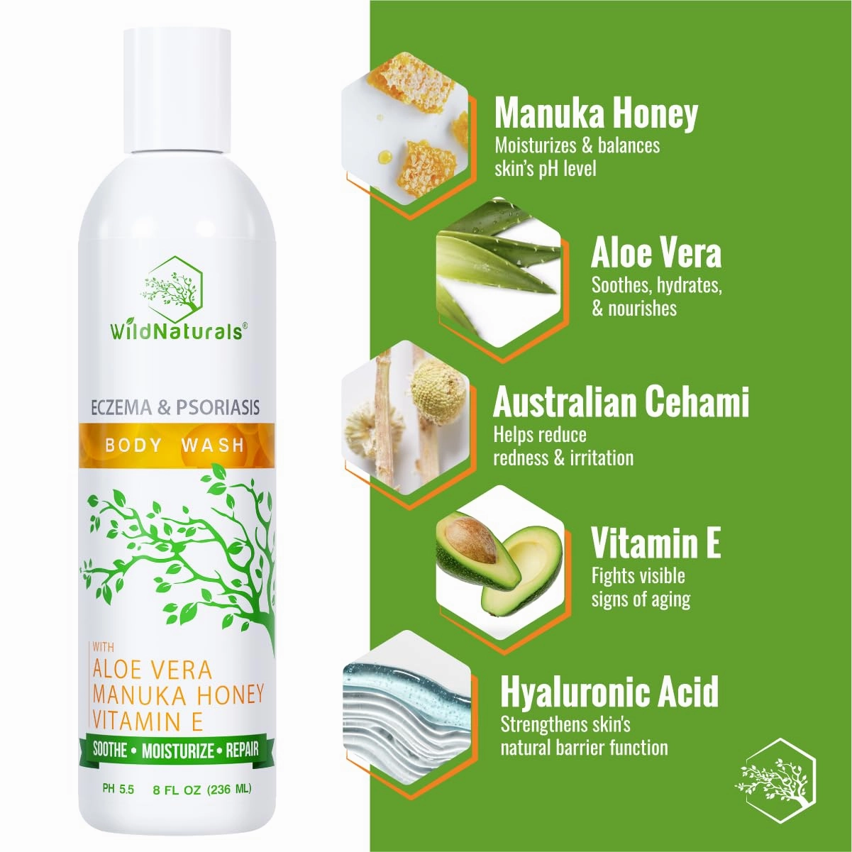Wild Naturals Organic Body Wash – Moisturizing & Exfoliating Wash for Sensitive, Dry, Itchy Skin – Hydrating Hypoallergenic Body Wash for Men & Women