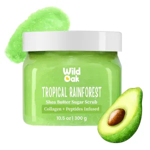 WildOak Tropical Rainforest Shea Sugar Body Scrub | With Collagen & Peptides | Tan Removal | Lightens Dark Area - Neck & Elbows | Smoothen Bumpy Legs & Hands | Hydrating & Exfoliating Scrub | 10.58 oz
