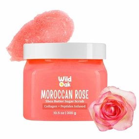 WildOak Moroccan Rose Shea Butter Sugar Scrub | 300gm | With Collagen & Peptides | Tan Removal | Lightens Dark Area - Neck & Elbows | Smoothen Bumpy Legs & Hands | Hydrating & Exfoliating Body Scrub
