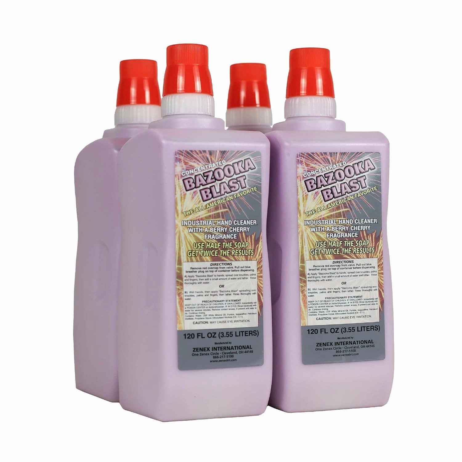 Zenex Bazooka Blast Hand Soap - Industrial Hand Cleaner | Heavy-Duty Shop Soap | Pumice-Powered Grease & Grime Remover | Berry Cherry Scent | Moisturizing | 3.55 L (4 Count)