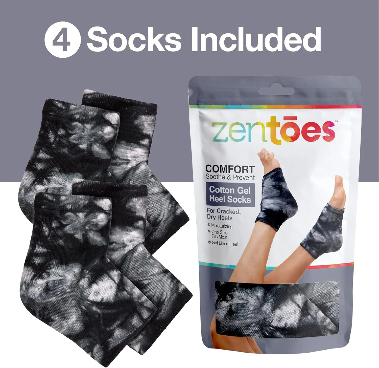 ZenToes Moisturizing Heel Socks 2 Pairs Gel Lined Toeless Spa Socks to Heal and Treat Dry, Cracked Heels While You Sleep (Regular, Black Tie Dye)