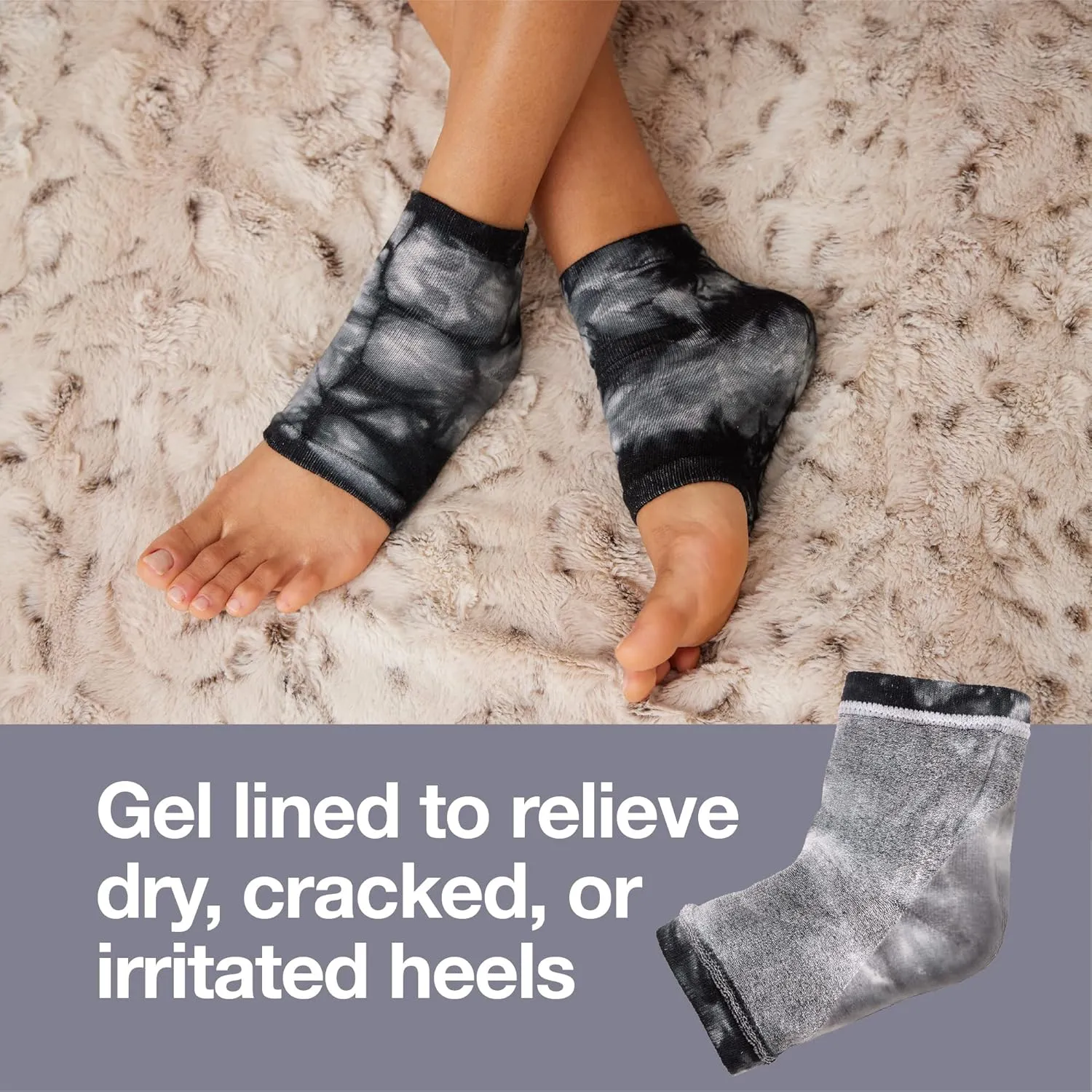 ZenToes Moisturizing Heel Socks 2 Pairs Gel Lined Toeless Spa Socks to Heal and Treat Dry, Cracked Heels While You Sleep (Regular, Black Tie Dye)
