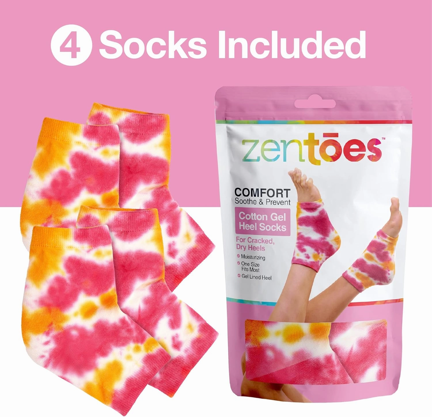 ZenToes Moisturizing Heel Socks 2 Pairs Gel Lined Toeless Spa Socks to Heal and Treat Dry, Cracked Heels While You Sleep (Regular, Pink Tie Dye)
