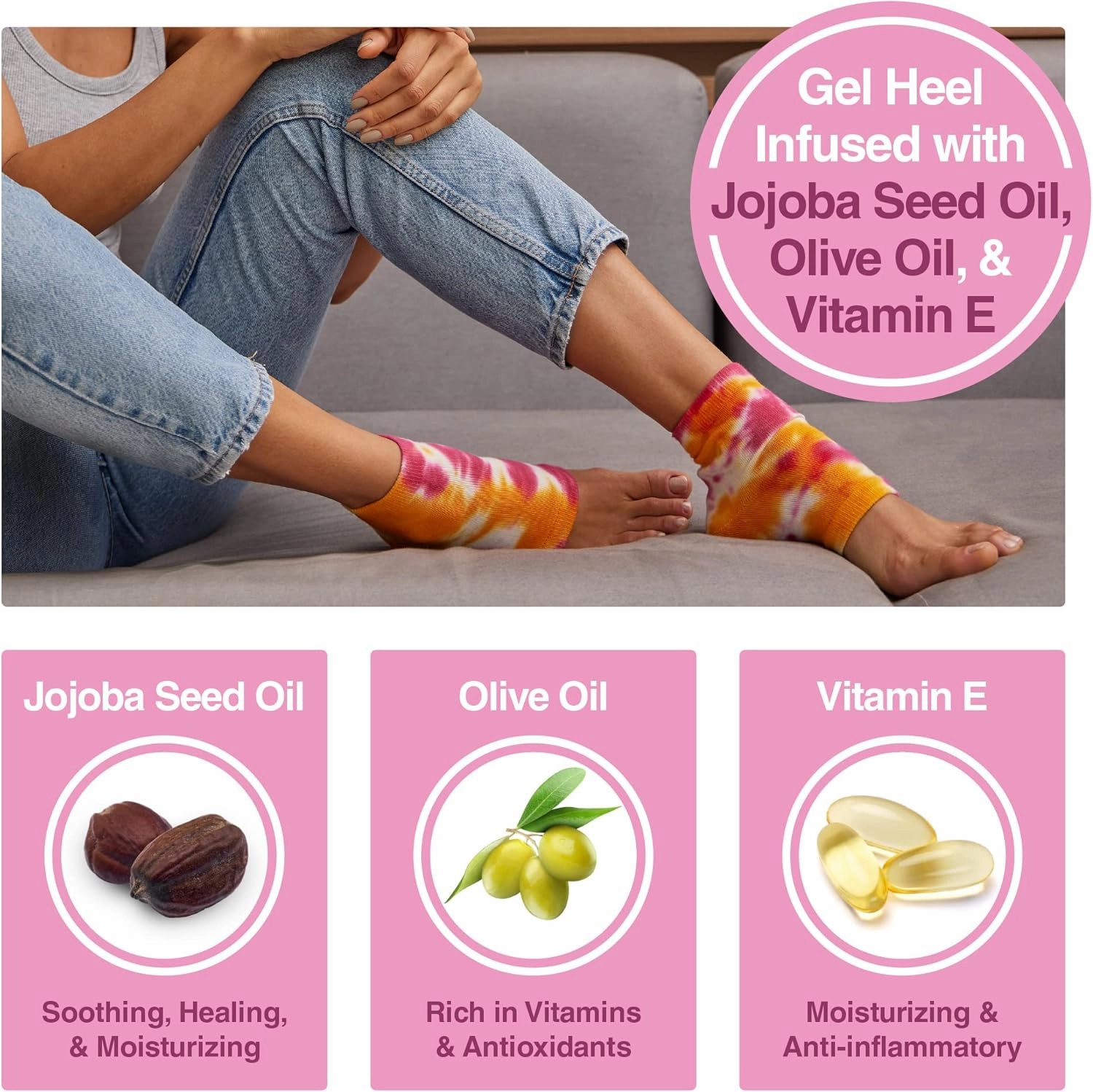 ZenToes Moisturizing Heel Socks 2 Pairs Gel Lined Toeless Spa Socks to Heal and Treat Dry, Cracked Heels While You Sleep (Regular, Pink Tie Dye)