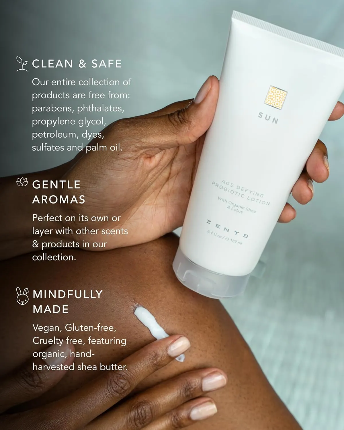 Zents Age-Defying Probiotic Body & Hand Lotion (Sun) | Moisturizing Lotion with Hyaluronic Acid & Organic Shea Butter | Nourishes & Hydrates Skin | 6.4 fl oz