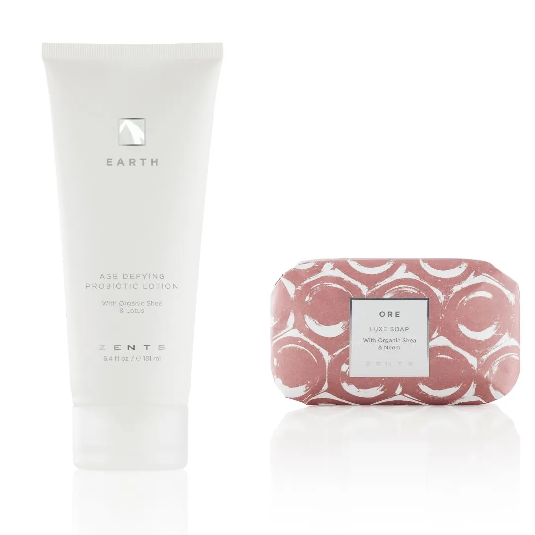 Zents Age-Defying Probiotic Lotion & Triple-Milled Luxe Bar Soap Set (Earth & Ore Fragrances) | Moisturizing Lotion with Hyaluronic Acid & Organic Shea Butter | With Shea Butter | 6.4 fl oz & 5.7 oz