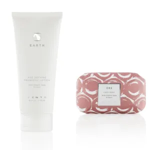 Zents Age-Defying Probiotic Lotion & Triple-Milled Luxe Bar Soap Set (Earth & Ore Fragrances) | Moisturizing Lotion with Hyaluronic Acid & Organic Shea Butter | With Shea Butter | 6.4 fl oz & 5.7 oz