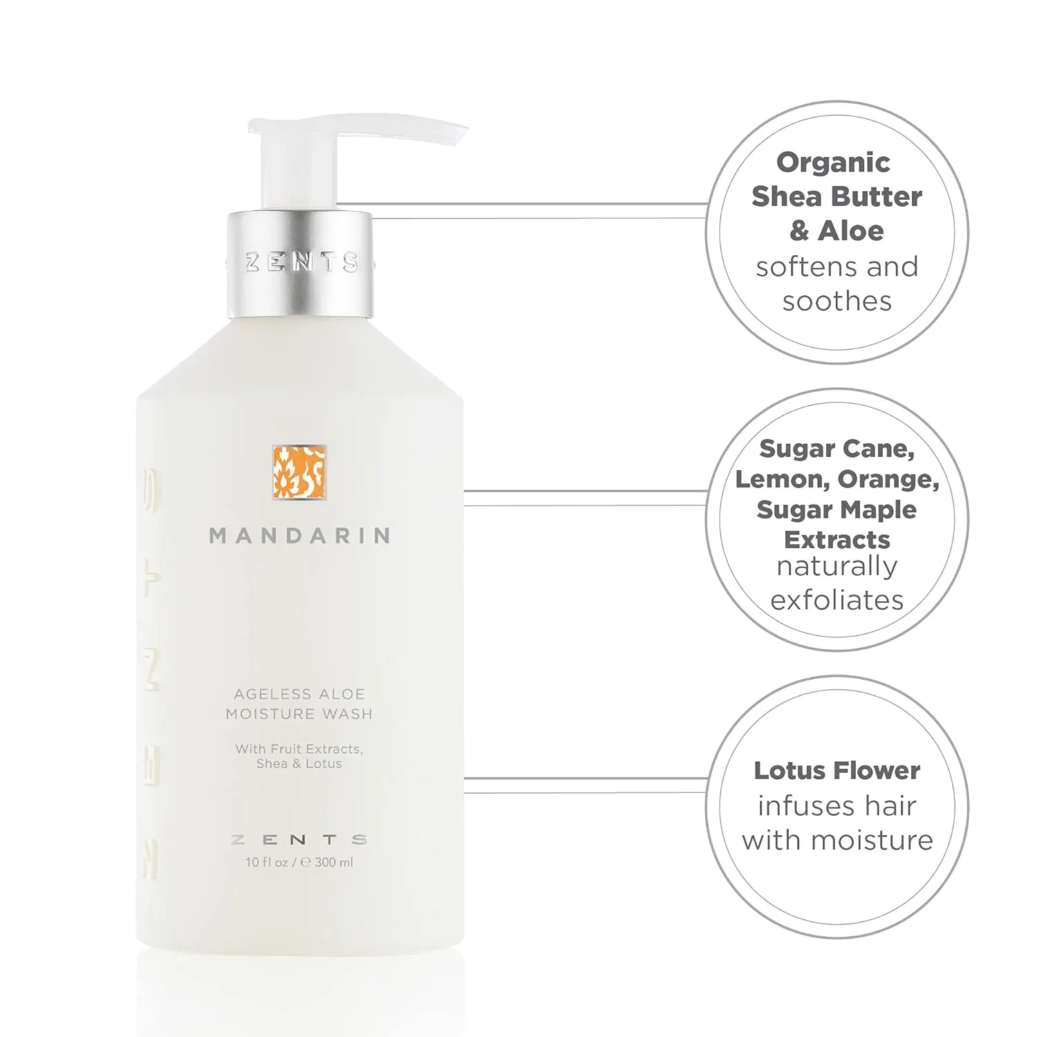 Zents Hand & Body Wash (Mandarin Fragrance) | Hydrating Anti-Aging Cleanser with Organic Shea Butter & Aloe for Dry Skin | Gentle & Nourishing | 10 fl oz