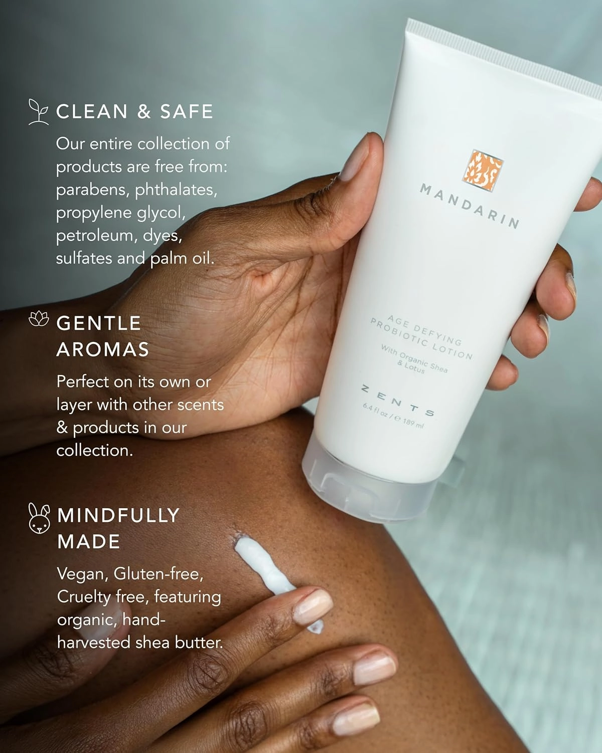 Zents Age-Defying Probiotic Body & Hand Lotion (Mandarin) | Moisturizing Lotion with Hyaluronic Acid & Organic Shea Butter | Nourishes & Hydrates Skin | 6.4 fl oz