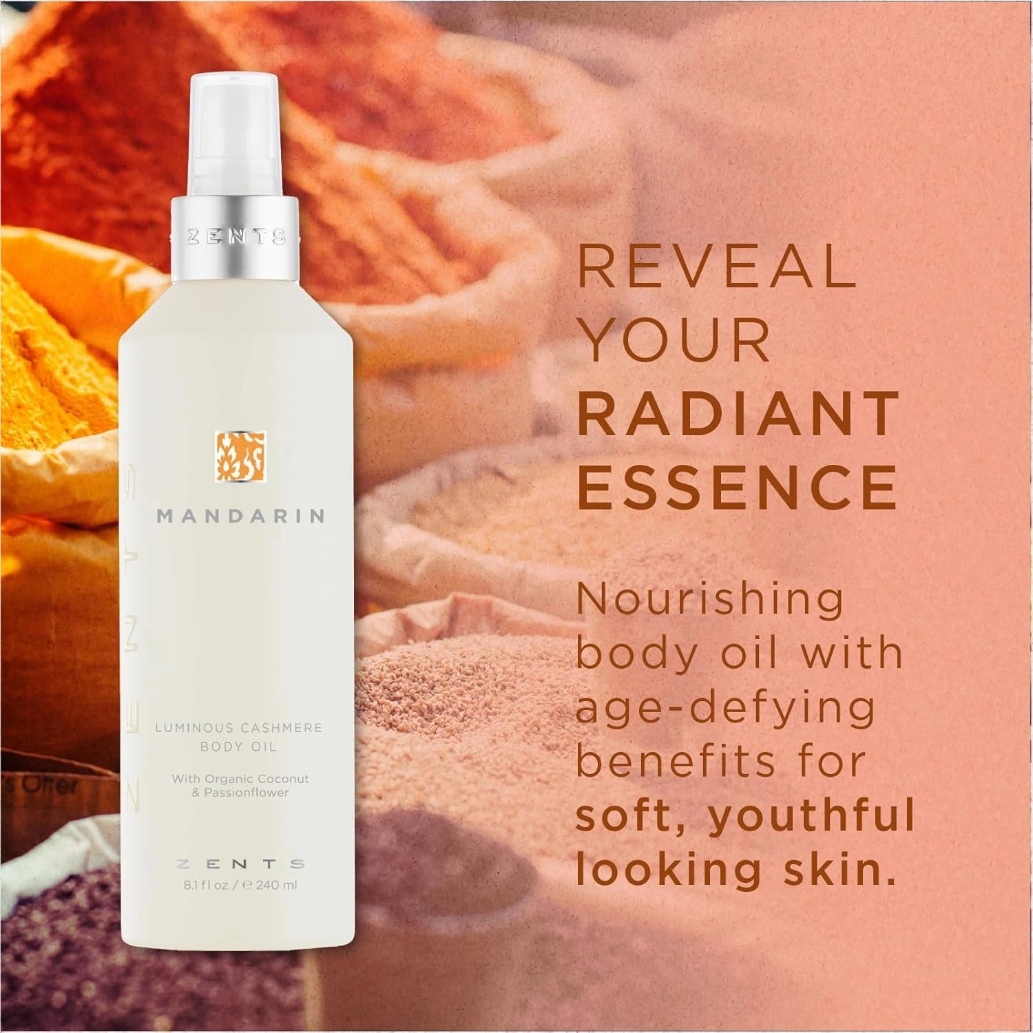 Zents Luminous Cashmere Body Oil (Mandarin Fragrance) | Moisturizing Body Oil with Vitamin E & Organic Coconut Oil | Softens & Smooths Skin | 8 fl oz