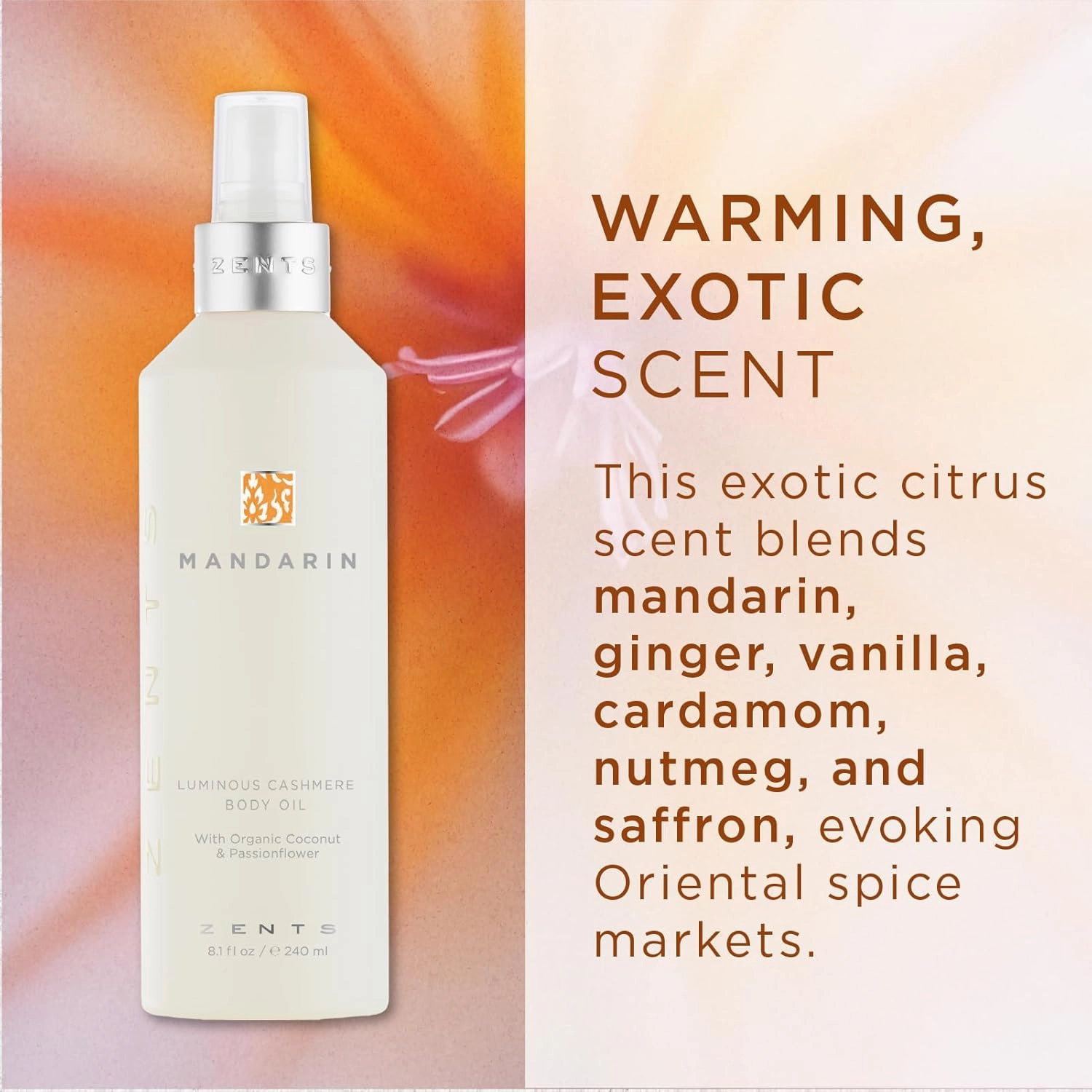 Zents Luminous Cashmere Body Oil (Mandarin Fragrance) | Moisturizing Body Oil with Vitamin E & Organic Coconut Oil | Softens & Smooths Skin | 8 fl oz